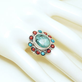 Bijoux ethniques indiens bague en argent 925 et pierre fine ovale filigranes turquoise naturelle vritable et corail rouge npalais - Npal 308 b