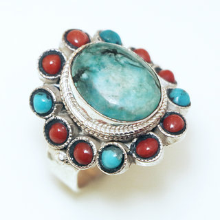 Bijoux ethniques indiens bague en argent 925 et pierre fine ovale filigranes turquoise naturelle vritable et corail rouge npalais - Npal 308