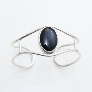 Bijoux ethniques touareg bracelet manchette en argent 925 massif design seventies 70 femme large ajour ouvert ajustable rglable pierre fine Onyx noir - Niger 017 c