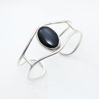 Bijoux ethniques touareg bracelet manchette en argent 925 massif design seventies 70 femme large ajour ouvert ajustable rglable pierre fine Onyx noir - Niger 017 a