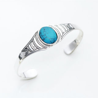 Bijoux ethniques touareg bracelet en argent 925 massif femme ovale grav ouvert ajustable rglable pierre fine manchette cabochon howlite turquoise - Niger 020