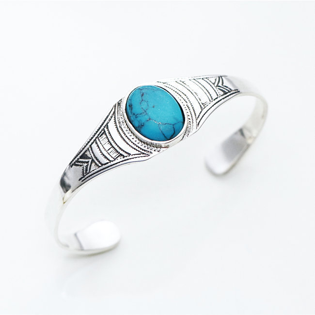 Bracelet argent 925 touareg large ovale et Turquoise véritable - Niger 020