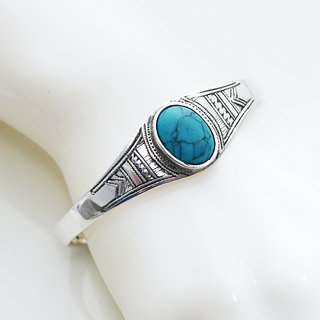 Bijoux ethniques touareg bracelet en argent 925 massif femme ovale grav ouvert ajustable rglable pierre fine manchette howlite turquoise - Niger 021 b