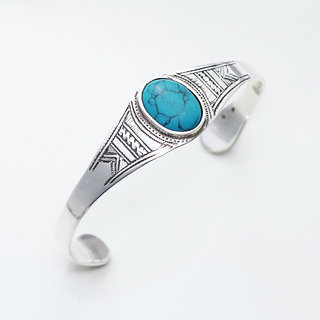 Bijoux ethniques touareg bracelet en argent 925 massif femme ovale grav ouvert ajustable rglable pierre fine manchette howlite turquoise - Niger 021