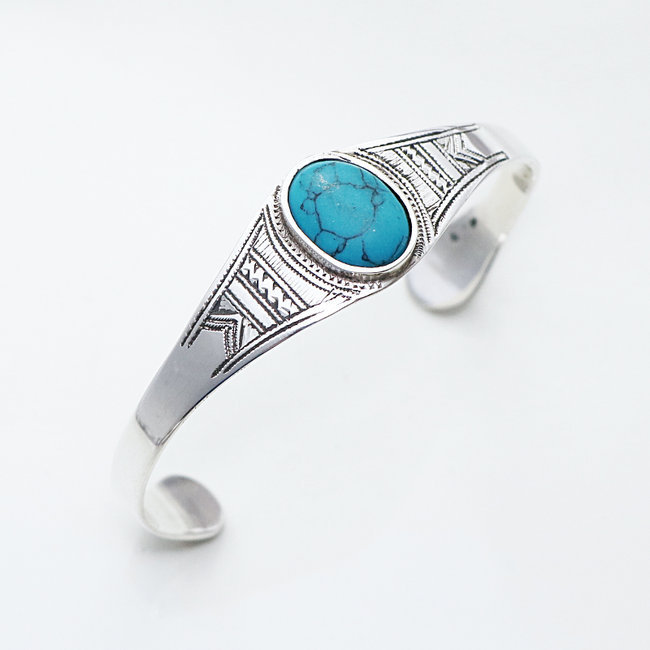 Bracelet argent massif 925 touareg large ovale et Turquoise naturelle - Niger 021