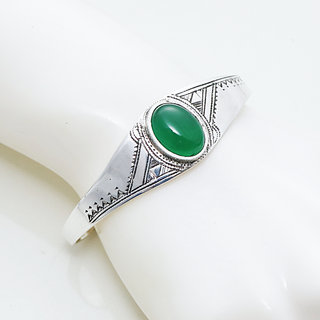 Bijoux ethniques touareg bracelet en argent 925 massif femme ovale grav ouvert ajustable rglable manchette pierre fine cabochon Agate verte - Niger 022 b