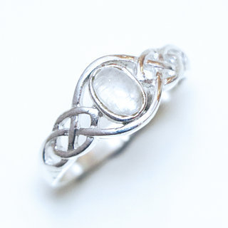 Bijoux ethniques Indiens bague en argent 925 massif femme jeune fille fine petite ovale ajoure ouverte pierre fine Pierre de Lune blanc transparent - Inde 130