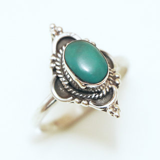 Bijoux ethniques Indiens bague en argent 925 massif femme jeune fille fine petite ovale fleur perles perle pierre fine vraie Turquoise naturelle vritable - Inde 133