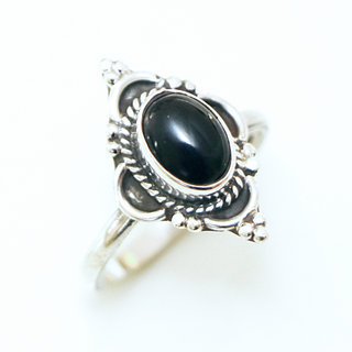 Bijoux ethniques Indiens bague en argent 925 massif femme jeune fille fine petite ovale fleur perles perle pierre fine Onyx noir sombre - Inde 133