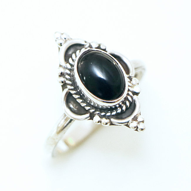 Bague argent 925 ovale fine fleur filigranes et Onyx - Inde 133