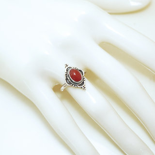 Bijoux ethniques Indiens bague en argent 925 massif femme jeune fille fine petite ovale fleur perles perle pierre fine Cornaline orange marron - Inde 133 b