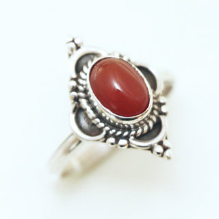 Bijoux ethniques Indiens bague en argent 925 massif femme jeune fille fine petite ovale fleur perles perle pierre fine Cornaline orange marron - Inde 133