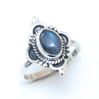 Bijoux ethniques Indiens bague en argent 925 massif femme jeune fille fine petite ovale fleur perles perle pierre fine Labradorite gris - Inde 133