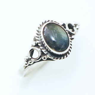 Bijoux ethniques Indiens bague en argent 925 massif femme jeune fille fine petite ovale perles perle rond cercle pierre fine Labradorite gris  - Inde 135