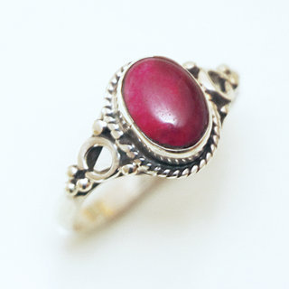 Bijoux ethniques Indiens bague en argent 925 massif femme jeune fille fine petite ovale perles perle rond cercle pierre fine corindon Rubis rouge rose - Inde 135