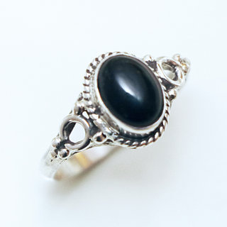 Bijoux ethniques Indiens bague en argent 925 massif femme jeune fille fine petite ovale perles perle rond cercle pierre fine onyx noir - Inde 135