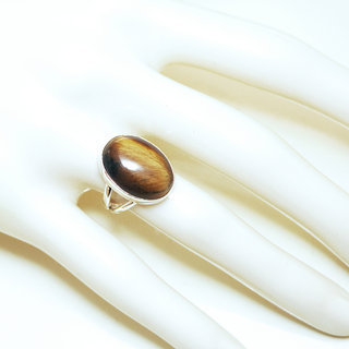 Bijoux ethniques Indiens bague argent 925 et pierre fine ovale Oeil de tigre marron - Inde 061 b