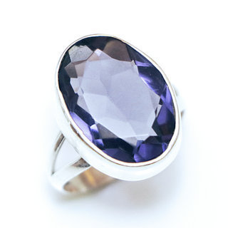 Bijoux ethniques Indiens bague facette argent 925 et ovale facettes verre cristal artisanal amthyste violet - Inde 136