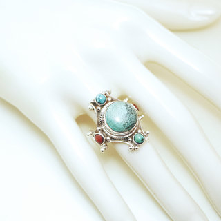 Bijoux ethniques indiens bague chevalire en argent massif 925 Croix Tibtaine pierre fine turquoise corail grav filigrane npalais - 312R Npal Tibet b