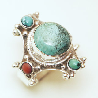 Bijoux ethniques indiens bague chevalire en argent massif 925 Croix Tibtaine pierre fine turquoise corail grav filigrane npalais - 312R Npal Tibet