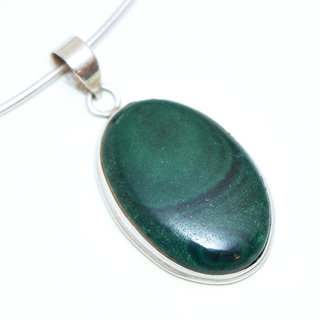 Bijoux Indiens Ethniques pendentif argent 925 massif femme et pierre fine Malachite vert fonc marbr ovale - Inde 074a