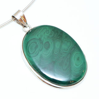 Bijoux Indiens Ethniques pendentif argent 925 massif femme et pierre fine Malachite vert fonc grand ovale - Inde 075a