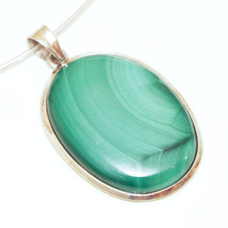 Bijoux Indiens Ethniques pendentif argent 925 massif femme et pierre fine Malachite vert fonc marbr grand ovale - Inde 080