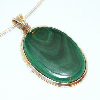 Bijoux Indiens Ethniques pendentif argent 925 massif femme et pierre fine Malachite vritable vert fonc marbr grand ovale - Inde 081a