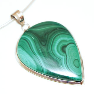 Bijoux Indiens Ethniques pendentif argent 925 massif femme et pierre fine Malachite vert fonc marbr grande goutte coeur imposant - Inde 083a