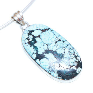 Bijoux Indiens Ethniques pendentif argent 925 massif femme et pierre fine Turquoise naturelle vritable long ovale mouchet marbr bleu - Inde 092a