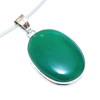 Bijoux Indiens Ethniques pendentif argent 925 massif femme et pierre fine Agate verte ovale lisse - Inde 098a