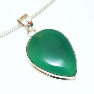 Bijoux Indiens Ethniques pendentif argent 925 massif femme et pierre fine Agate verte goutte lisse - Inde 100a