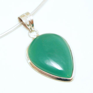 Bijoux Indiens Ethniques pendentif argent 925 massif femme et pierre fine Agate verte coeur goutte - Inde 104a