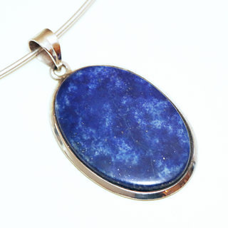 Bijoux Indiens Ethniques pendentif argent 925 massif femme et pierre fine Lapis-Lazuli bleu fonc paillettes ovale - Inde 117a