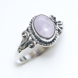 Bijoux ethniques Indiens bague fine argent 925 filigranes et pierre fine ovale Quartz rose - Inde 026