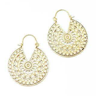 Bijoux Indiens Ethniques boucles d'oreilles pendants croles cercles rondes dores spirales filigranes boho gipsy bohme en bronze dor or - Inde 031