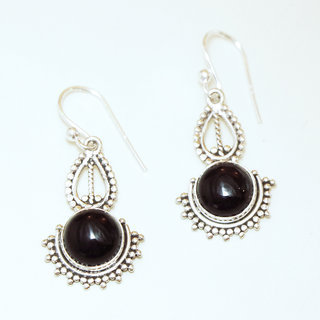 Bijoux Indiens Ethniques boucles d'oreilles argent 925 massif femme et pierre fine rondes demi filigranes Onyx noir - Inde 026