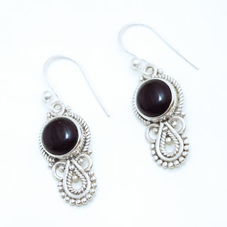 Bijoux Indiens Ethniques boucles d'oreilles argent 925 massif femme et pierre fine rondes demi filigranes Onyx noir - Inde 027