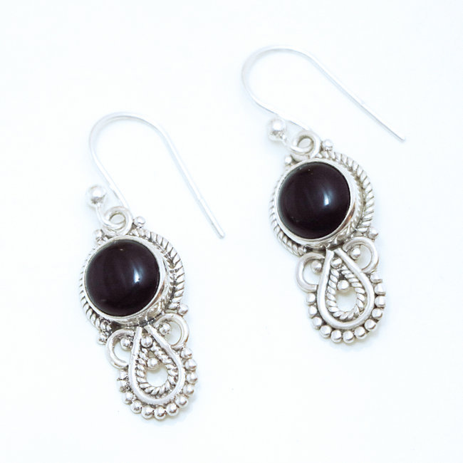 Boucles d'oreilles rondes filigranes argent 925 et Onyx - Inde 027