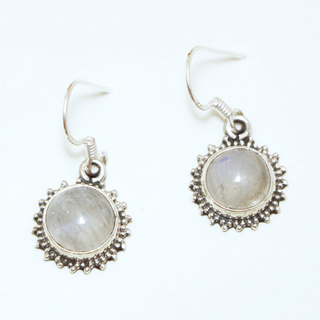 Boucles d'oreilles rondes filigranes argent 925 et Pierre de Lune - Inde 029