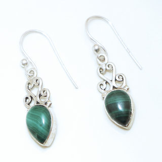 Bijoux Indiens Ethniques boucles d'oreilles argent 925 massif femme et pierre fine filigranes goutte ajoure Malachite vert - Inde 030