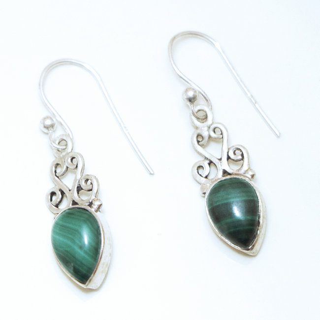 Boucles d'oreilles gouttes filigranes argent 925 et Malachite - Inde 030