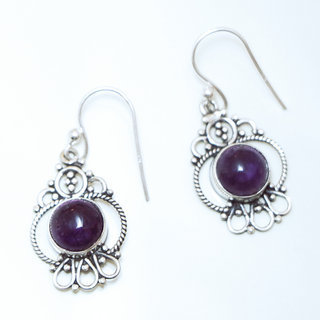 Bijoux Indiens Ethniques boucles d'oreilles argent 925 massif femme et pierre fine rondes ajoures filigranes Amthyste violet mauve - Inde 036