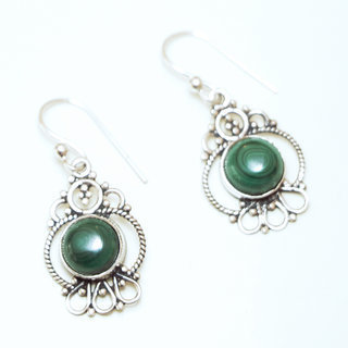 Bijoux Indiens Ethniques boucles d'oreilles argent 925 massif femme et pierre fine filigranes rondes ajoure Malachite vert - Inde 040