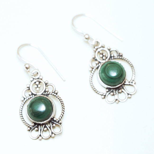 Boucles d'oreilles rondes filigranes argent 925 et Malachite - Inde 040