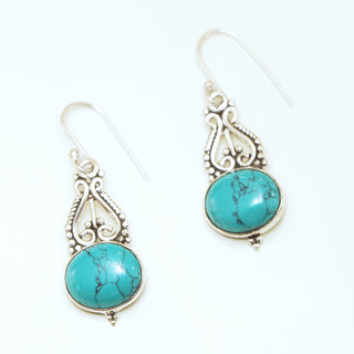 Bijoux Indiens Ethniques boucles d'oreilles argent 925 massif femme et pierre fine filigranes ajoure perles perles ovale Howlite Turquoise - Inde 042