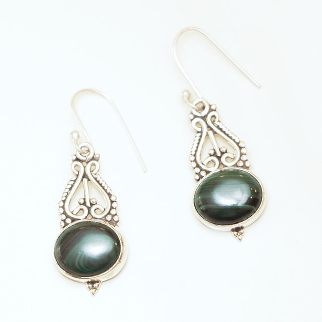 Boucles d'oreilles argent massif 925 ovales filigranes et Malachite - Inde 042