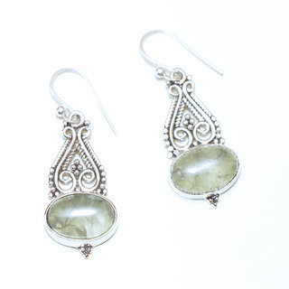 Bijoux Indiens Ethniques boucles d'oreilles argent 925 massif femme et pierre fine filigranes ajoures perles perles ovale Quartz mousse vert kaki - Inde 046