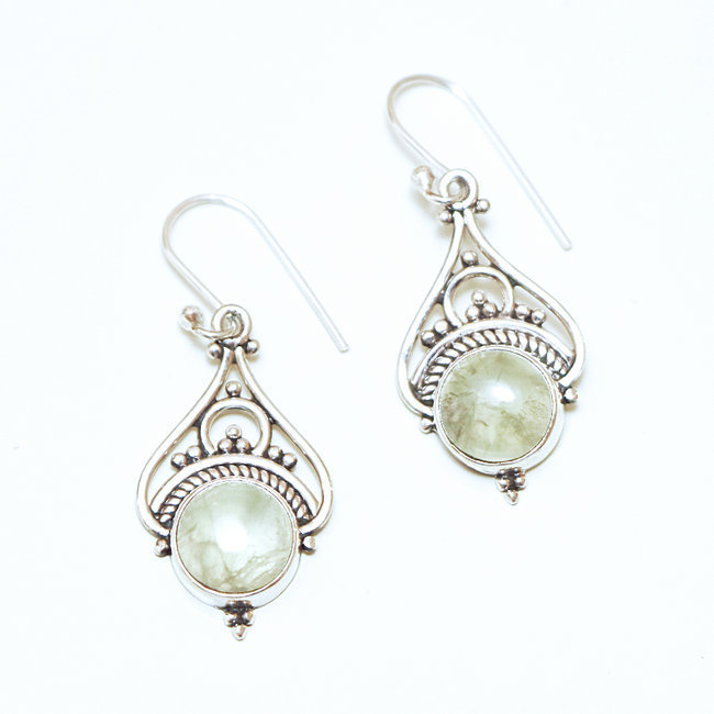 Boucles d'oreilles rondes filigranes argent 925 et Quartz mousse - Inde 047