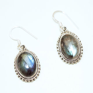 Bijoux Indiens Ethniques boucles d'oreilles argent 925 massif femme et pierre fine filigranes ajoures perles perles ovales Labradorite gris vert kaki - Inde 048